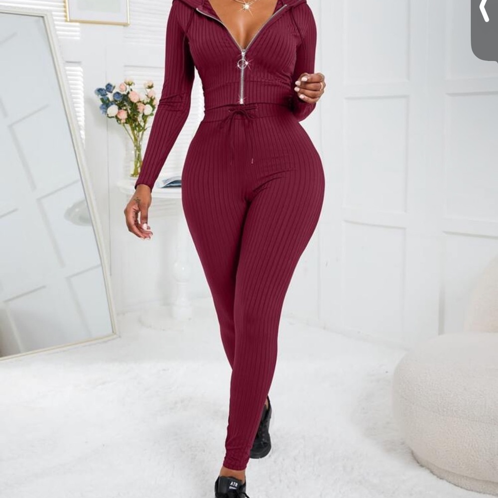 Rib-knit drawstring hoodie and leggings 2 piece set